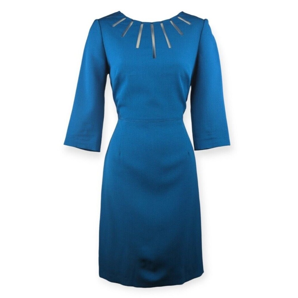 Adrianna Papell Teal Blue Sheath Dress Cut Outs Art Deco Wiggle Fitted 3/4 Slv 2
